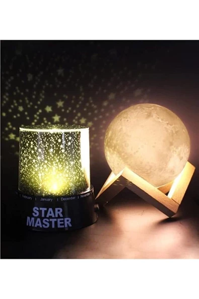 Pazariz 2'li Set Klasik Gece Lambası + Standlı 3d Ay Gece Lambası Dekoratif Küre Led ürün görseli 1