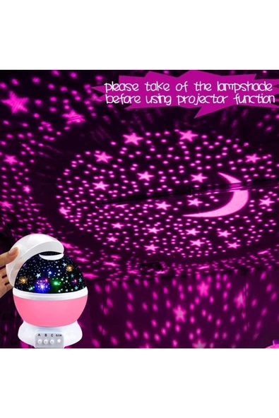 Pazariz Dönen Gece Lambası Yıldızlı Gökyüzü Projeksiyon Pembe - Resim 2