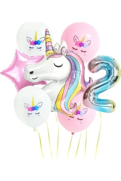 Pazariz Fırsat Ayı Gökkuşağı Rakam Unicorn Folyo Balon Seti 2 Yaş