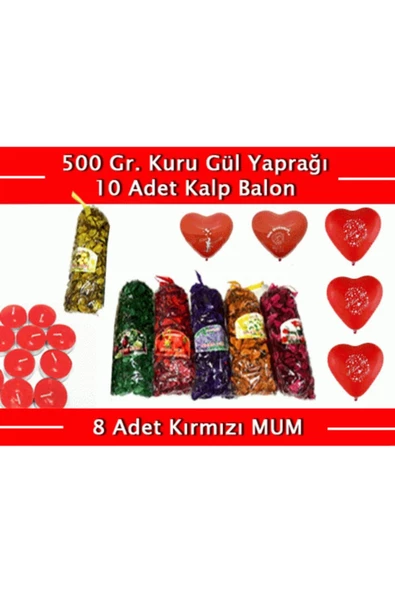 Pazariz Renkli Kokulu Gül Yaprakları 500 gr - 10 Kalpli Balon - 8 Kırmızı mum - Resim 3
