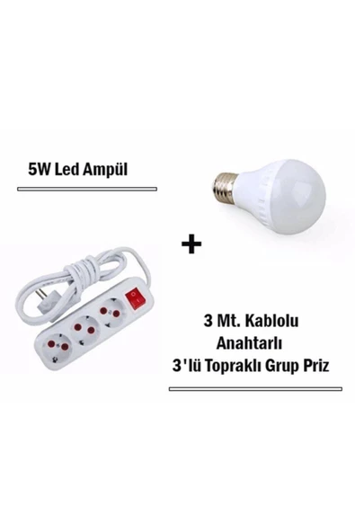 Pazariz 5w Led Ampul + 3 Metre Uzatmalı Anahtarlı 3lü Priz Set