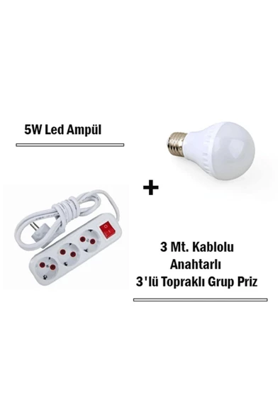 Pazariz 5w Led Ampul + 3 Metre Uzatmalı Anahtarlı 3lü Priz Set ürün görseli 1