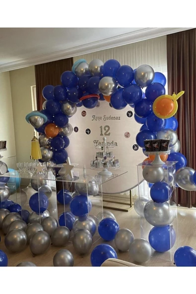 Pazariz 50 Adet Metalik Mavi Ve Gümüş Balon + 5 Mt Balon Zinciri