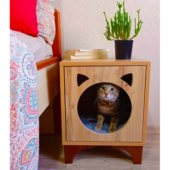 Modern Yataklı Ahşap Kedi Evi - Kedi Yuvası - Cat House