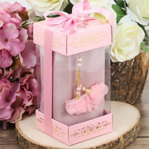 Hediyelik Pembe Şal, İnci Tesbih Güllü, Özel Asetat Kutulu (16×8) Set - 1