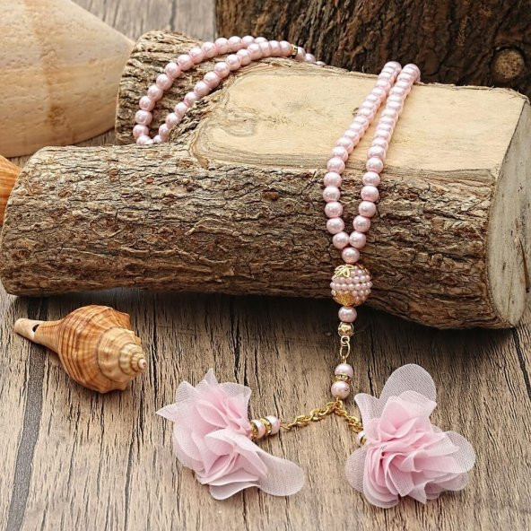 Hediyelik Pembe Şal, İnci Tesbih Güllü, Özel Asetat Kutulu (16×8) Set - 2