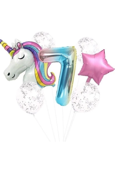Pazariz Fırsat Ayı Unicorn Folyo Balon Doğum Günü Seti 7 Yaş
