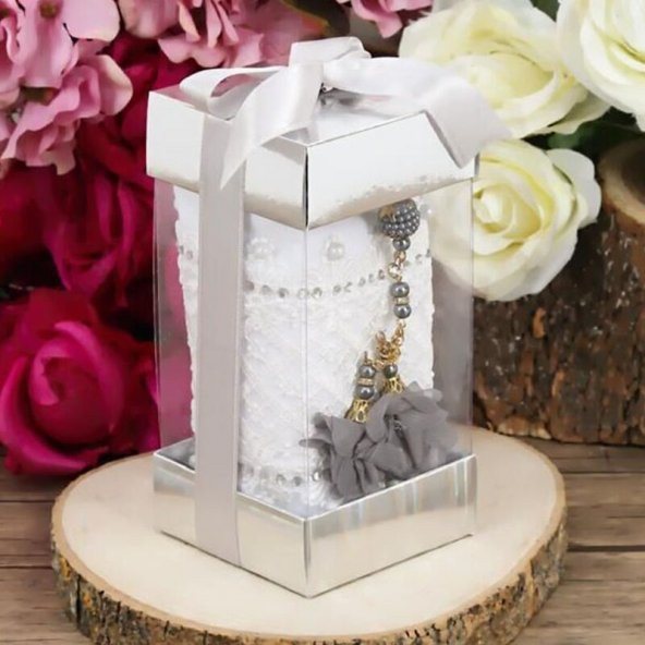 Anneler Günü Hediyesi Güpürlü Beyaz Şal, İnci Tesbih Gri, Asetat Kutulu (16×8) Set - 1