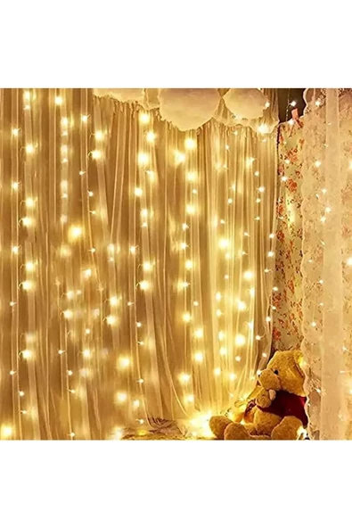 Pazariz Peri Perde Led|kumandalı 8 Modlu 10 Saçaklı 3x3 Metre 8 Modlu Gün Işığı(sarı) Tel Led Aydınlatma