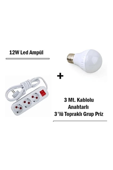 Pazariz 12w Led Ampul + 3 Metre Uzatmalı Anahtarlı 3lü Priz Set