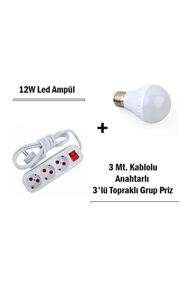 Pazariz 12w Led Ampul + 3 Metre Uzatmalı Anahtarlı 3lü Priz Set - 2