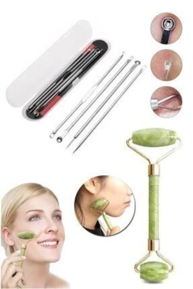 Pazariz 4 Parça Kutulu Paslanmaz Çelik Komedon Aleti + Jade Roller 2'li Yeşim Taşı Masaj Aleti ürün görseli 1