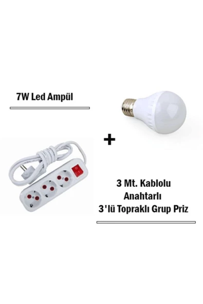 Pazariz 7w Led Ampul + 3 Metre Uzatmalı Anahtarlı 3lü Priz Set