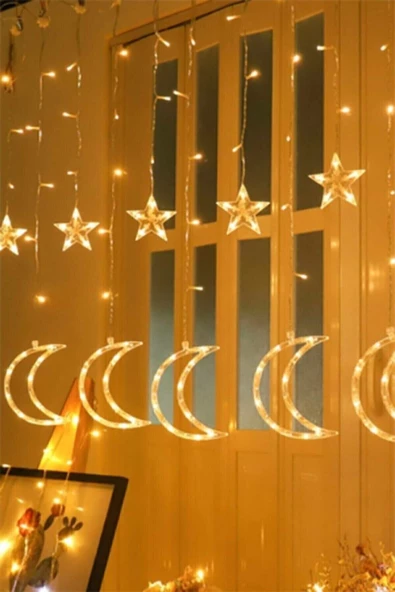 Pazariz Dekoratif Ay Yıldızlı Saçak Led Perde Led Işık Animasyonlu Yılbaşı Led Işık Süs
