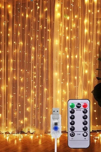 Pazariz Peri Telli Perde Led Işık Kumandalı 300 Ledli 3 X 3 Metre Usb'li 8 Animasyonlu Günışığı Yıld