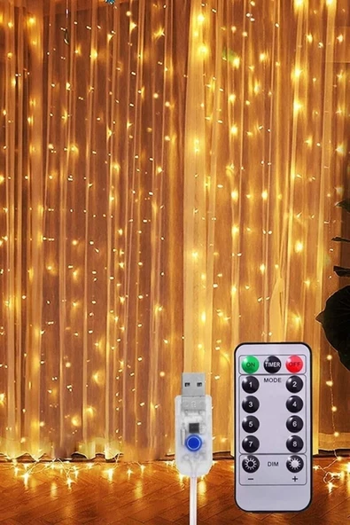 Pazariz Peri Telli Perde Led Işık Kumandalı 300 Ledli 3 X 3 Metre Usb'li 8 Animasyonlu Günışığı Yıld - Resim 2