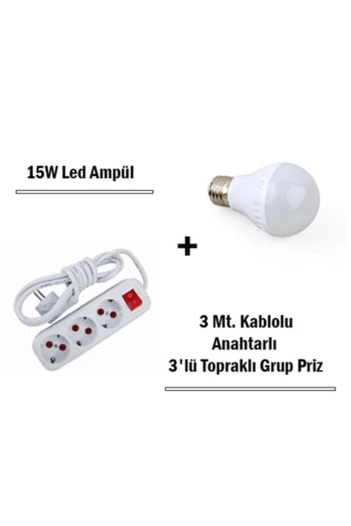 Pazariz 15w Led Ampul + 3 Metre Uzatmalı Anahtarlı 3lü Priz Set - 2