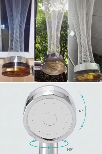 Pazariz Duş Başlığı Turbo Basınçlı Ayarlanabilir Start Stop Tuş Su Tasarrufu 360 Döner Pervaneli Taz - Resim 2