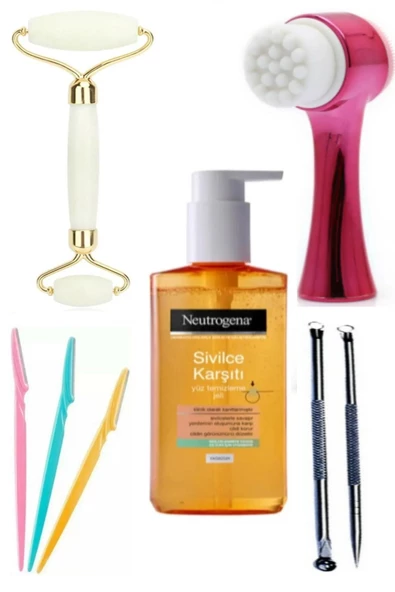 Pazariz Sivilce Karşıtı_qax Cilt Temizleme Fırçası Fuşya_siyah Yeşim Taşı_3lü Kaş Usturası2 Li Akne Komedon ürün görseli 1