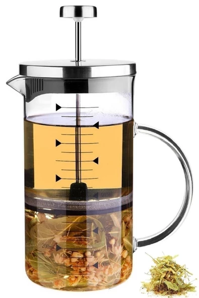 Pazariz French Press Bitki Çayı Demliği Filtre Kahve Ateşe Dayanıklı Demlik Borosilikat Ölçü 500ml