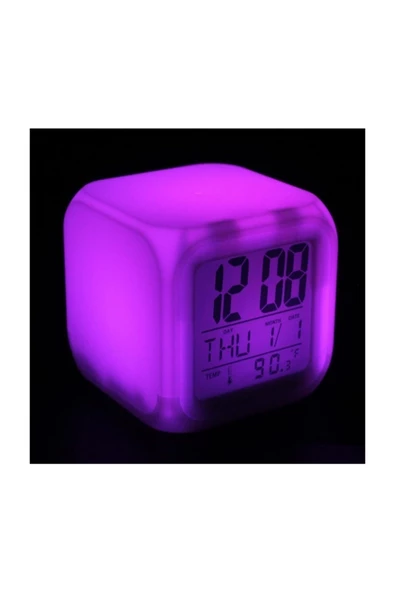 Pazariz 7 Renk Değiştiren Çocuk Odası Alarmlı Termometre Dekoratif Masa Saati Gece Lambası Dijital Küp Saat - 3