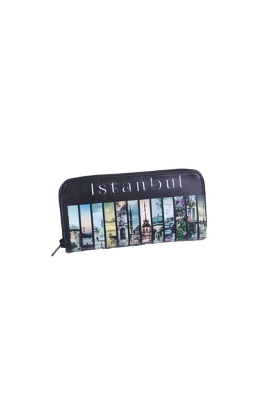 Pazariz Unisex Siyah İstanbul Baskılı Cüzdan