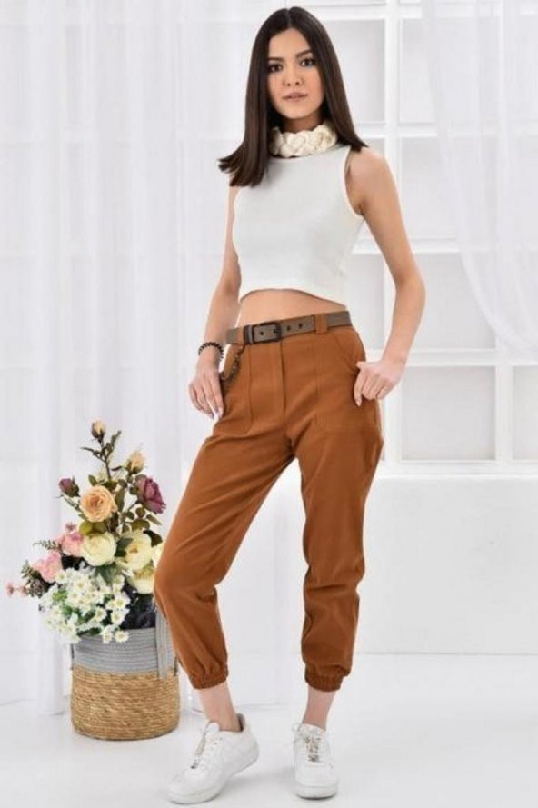 Kemerli ve Önden Cepli Paça Lastikli Taba Kadın Kargo Pantolon