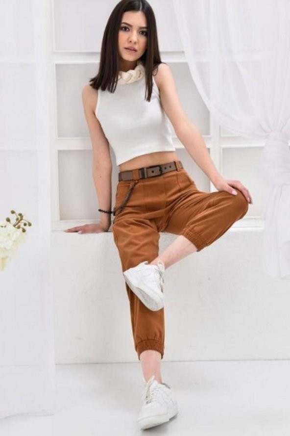 Kemerli ve Önden Cepli Paça Lastikli Taba Kadın Kargo Pantolon - 2