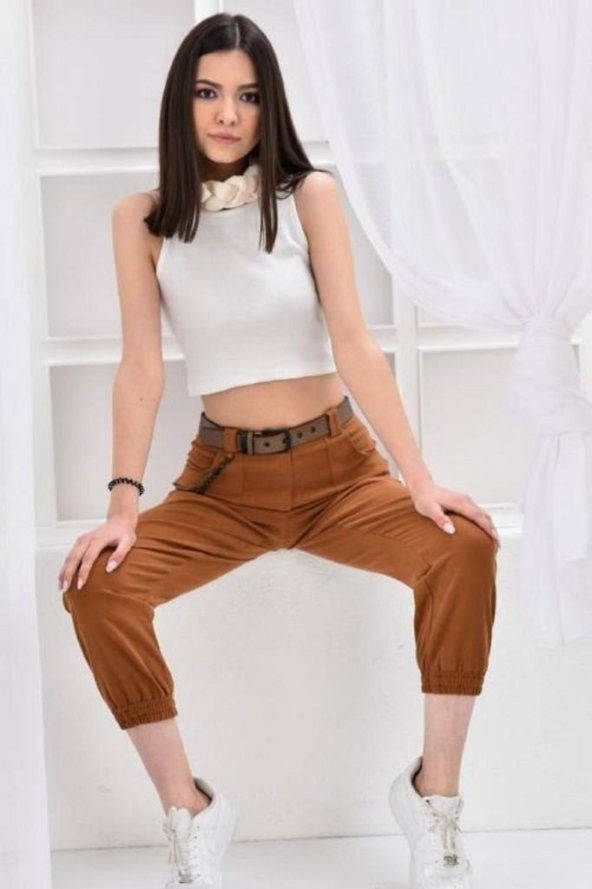 Kemerli ve Önden Cepli Paça Lastikli Taba Kadın Kargo Pantolon - 3