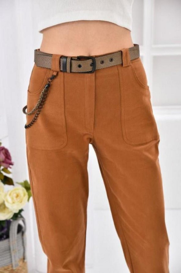 Kemerli ve Önden Cepli Paça Lastikli Taba Kadın Kargo Pantolon - 4