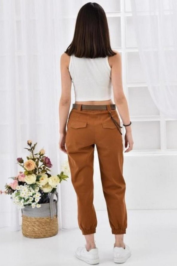 Kemerli ve Önden Cepli Paça Lastikli Taba Kadın Kargo Pantolon - 5