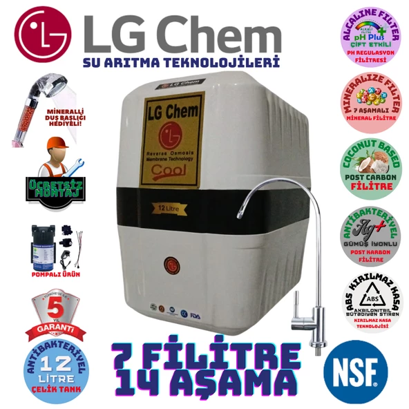 LG Chem COOL BEYAZ SİYAH POMPALI MONTAJ DAHİL 12 LİTRE 7 FİLTRE 14 AŞAMA SU ARITMA CİHAZI