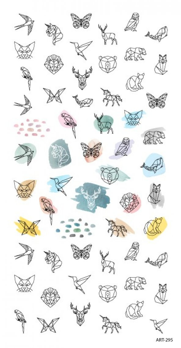 Poligonal Suluboya Hayvanlar Tırnak Dövmesi, Tırnak Tattoo, Nail Art, Tırnak Sticker - Resim 2