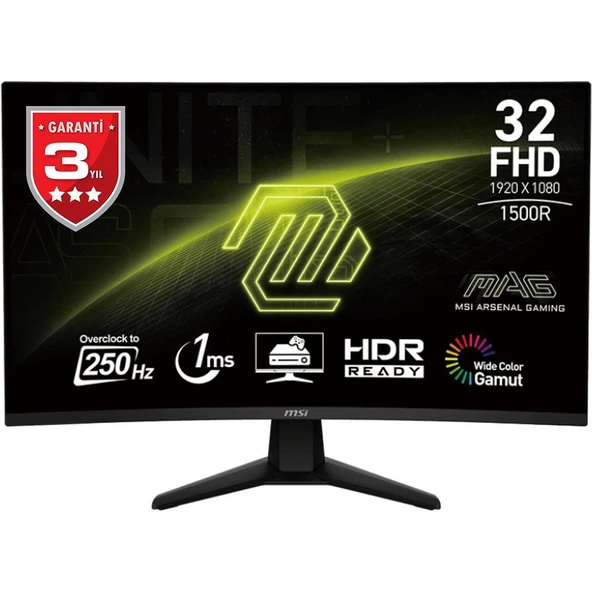 MSI MAG 32C6X 31.5" 250Hz(OC) 1ms HDMI DP AdaptiveSync HDR Ready FHD VA Curved 1500R Gaming Monitör