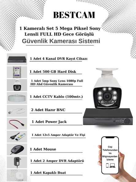 BESTCAM 1 Kameralı Set 5 Mega Piksel Sony Lensli FULL HD Gece Görüşlü Güvenlik Kamera Seti 500 GB Hard disk