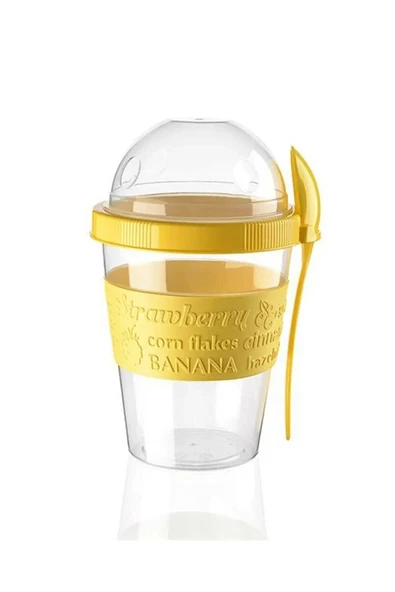 Pazariz Yoğurt Kabı Kaşıklı ve Meyve Bölmeli Sarı 1 Adet - Resim 2