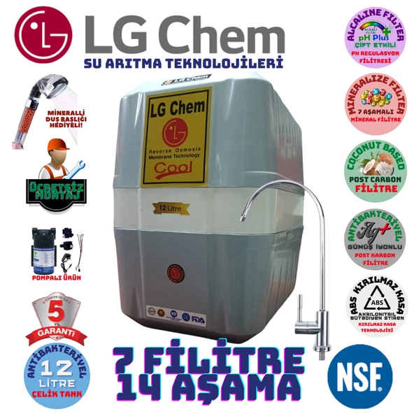 LG Chem COOL GRİ BEYAZ POMPALI MONTAJ DAHİL 12 LİTRE 7 FİLTRE 14 AŞAMA SU ARITMA CİHAZI