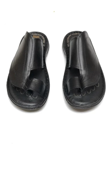 AYALP  Erkek Siyah Hakiki Deri Parmak Arası Ortopedik Terlik - 4