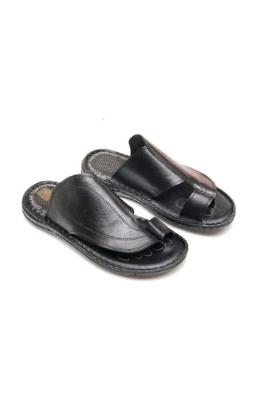 AYALP  Erkek Siyah Hakiki Deri Parmak Arası Ortopedik Terlik - 3