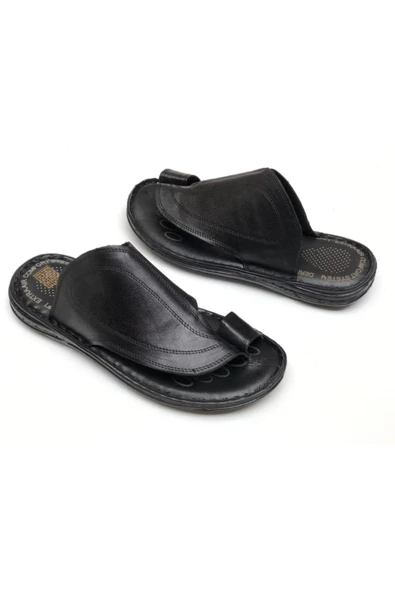 AYALP  Erkek Siyah Hakiki Deri Parmak Arası Ortopedik Terlik