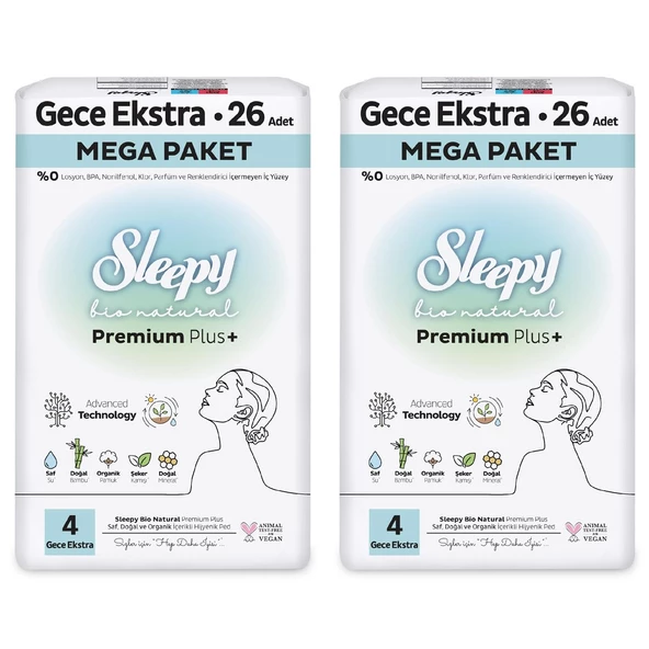 Sleepy Bio Natural Premium Plus Hijyenik Ped Mega Paket Gece Extra 26x2 (52 Adet) - 2