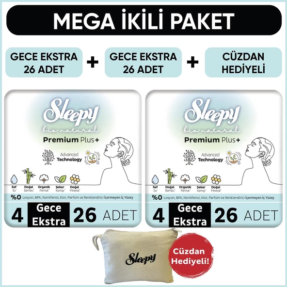 Sleepy Bio Natural Premium Plus Hijyenik Ped Mega Paket Gece Extra 26x2 (52 Adet)