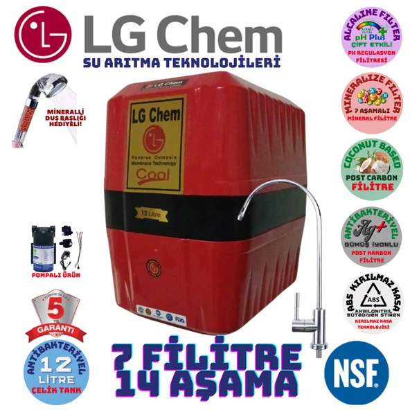 LG Chem COOL KIRMIZI SİYAH POMPALI 12 LİTRE 7 FİLTRE 14 AŞAMA SU ARITMA CİHAZI