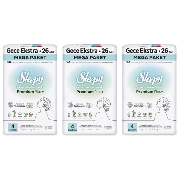 Sleepy Bio Natural Premium Plus Hijyenik Ped Mega Paket Gece Extra 26x3 (78 Adet) - Resim 2