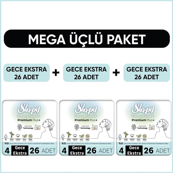 Sleepy Bio Natural Premium Plus Hijyenik Ped Mega Paket Gece Extra 26x3 (78 Adet) ürün görseli