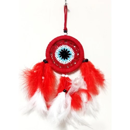 Kırmızı Ve Beyaz Kuş Tüylü Dream Catcher El Yapımı Mini Duvar Süsü - 2