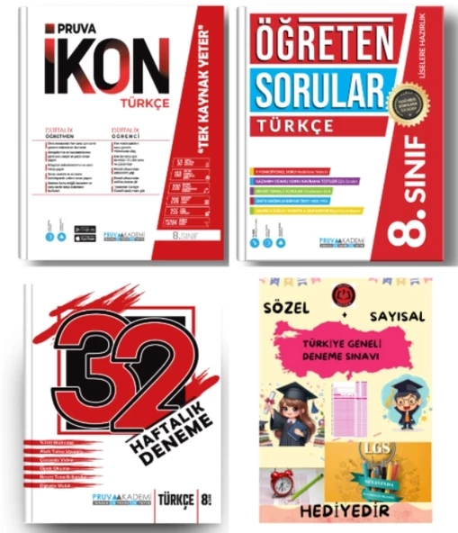 PRUVA AKADEMİ YAYINLARI 8.SINIF TÜRKÇE İKON SORU BANKASI+32 HAFTA TÜRKÇE DENEME+TÜRKÇE ÖĞRETEN SORULAR+HEDİYE