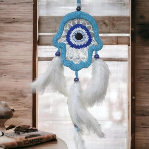 Nazar Boncuğu Motifli Turkuaz Fatma Ana Eli Duvar Süsü El İşçiliği Duvar Dekoru - 2
