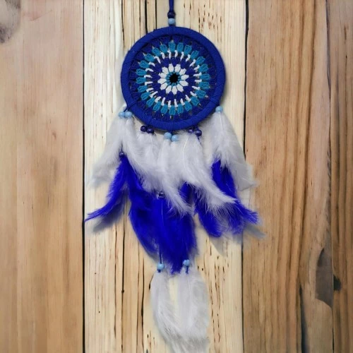 Nazar Boncuğu Desenli Bol Kuş Tüylü Lacivert Dream Catcher El Yapımı Duvar Dekoru - 4