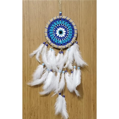 Nazar Boncuğu Desenli Dream Catcher El Yapımı Kuş Tüylü Rüya Kapanı Duvar Süsü - 2